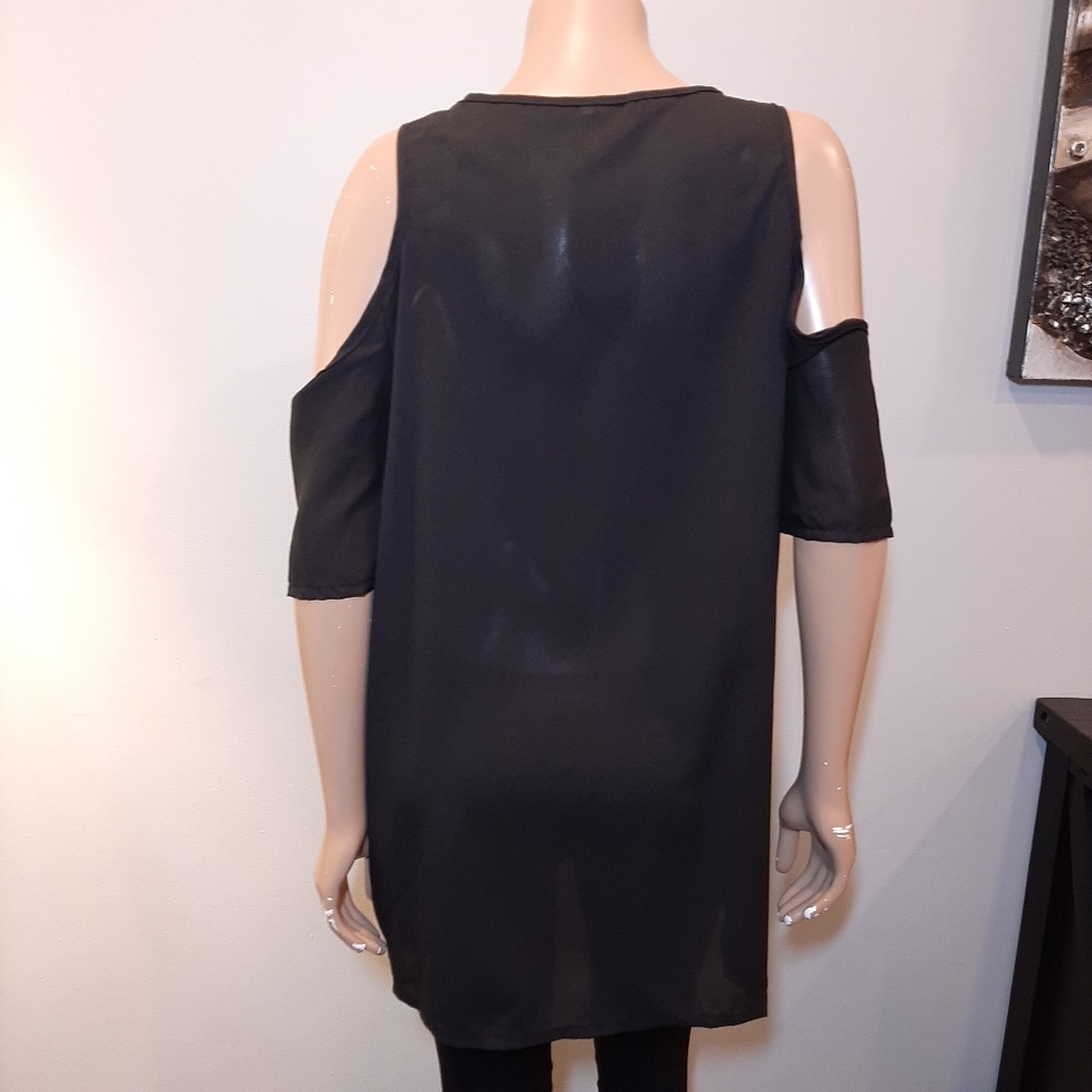 Cold Shoulder Tunic Top Mini Dress Short Sleeve Solid Black Semi Sheer - Picture 5 of 10